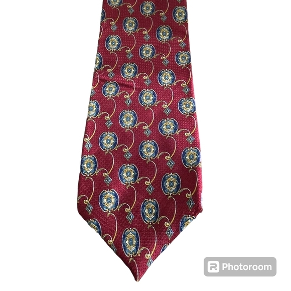 Vintage 90s Mark Alexander Deep Red Gold Artsy Print Silk Neck Tie - Picture 1 of 7